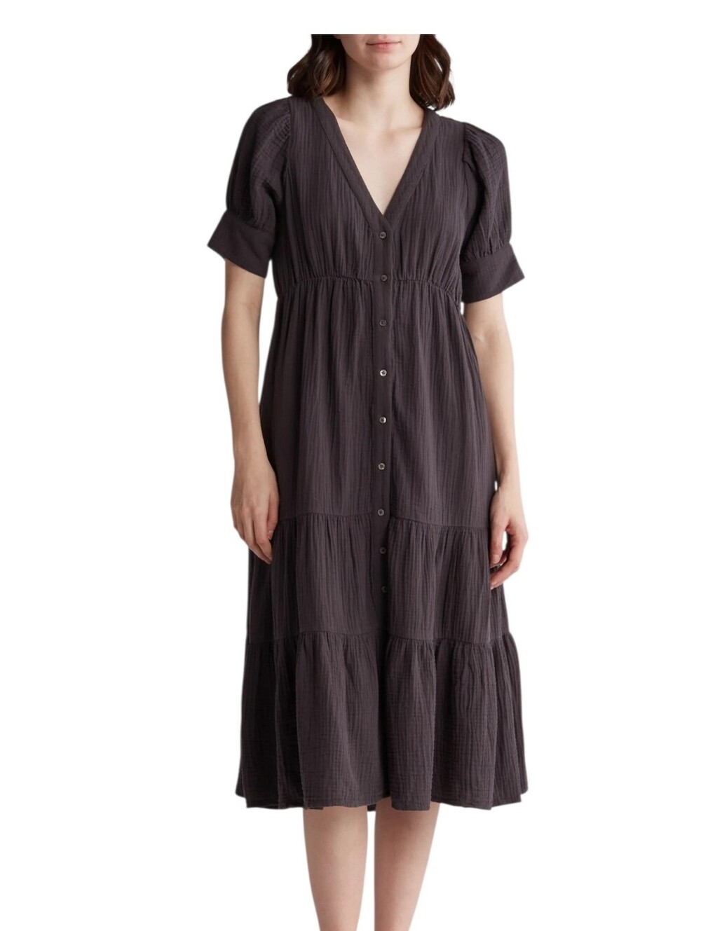 Madewell Lightspun Tiered Midi Dress Size 0 Black 100% Cotton